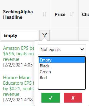 Earnings Screener table Headline filter.